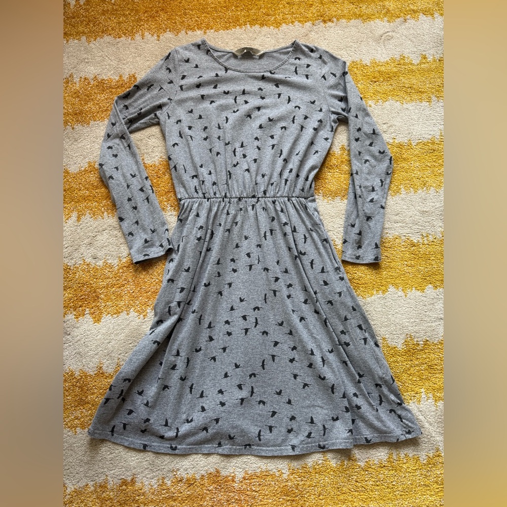 People Tree Gray Long-Sleeve Patterned Dress UK8 cotton pockets bird pattern